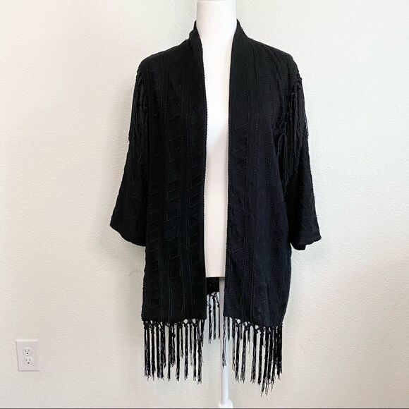 SAM Edelman Black Open Front Embroidered Tassel Western Oversized Long Kimono S - Picture 2 of 8